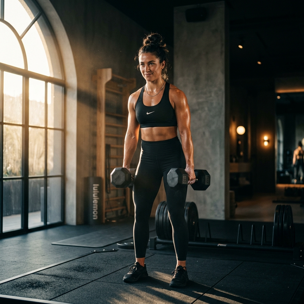 A trainee holding dumbbells in a gym